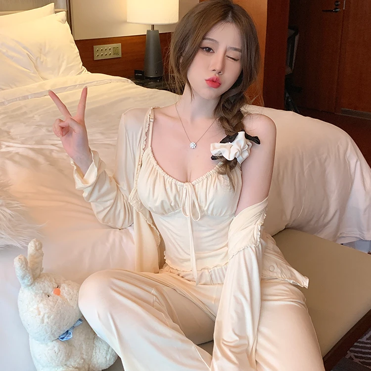 2025年新款莫代尔三件套性感吊带睡衣家居服带胸垫可拆卸居家睡衣