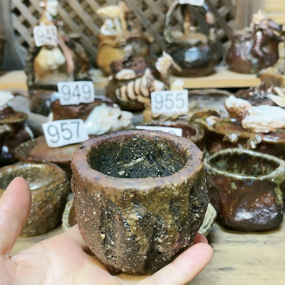 杯柴烧粗陶手捏杯粘底