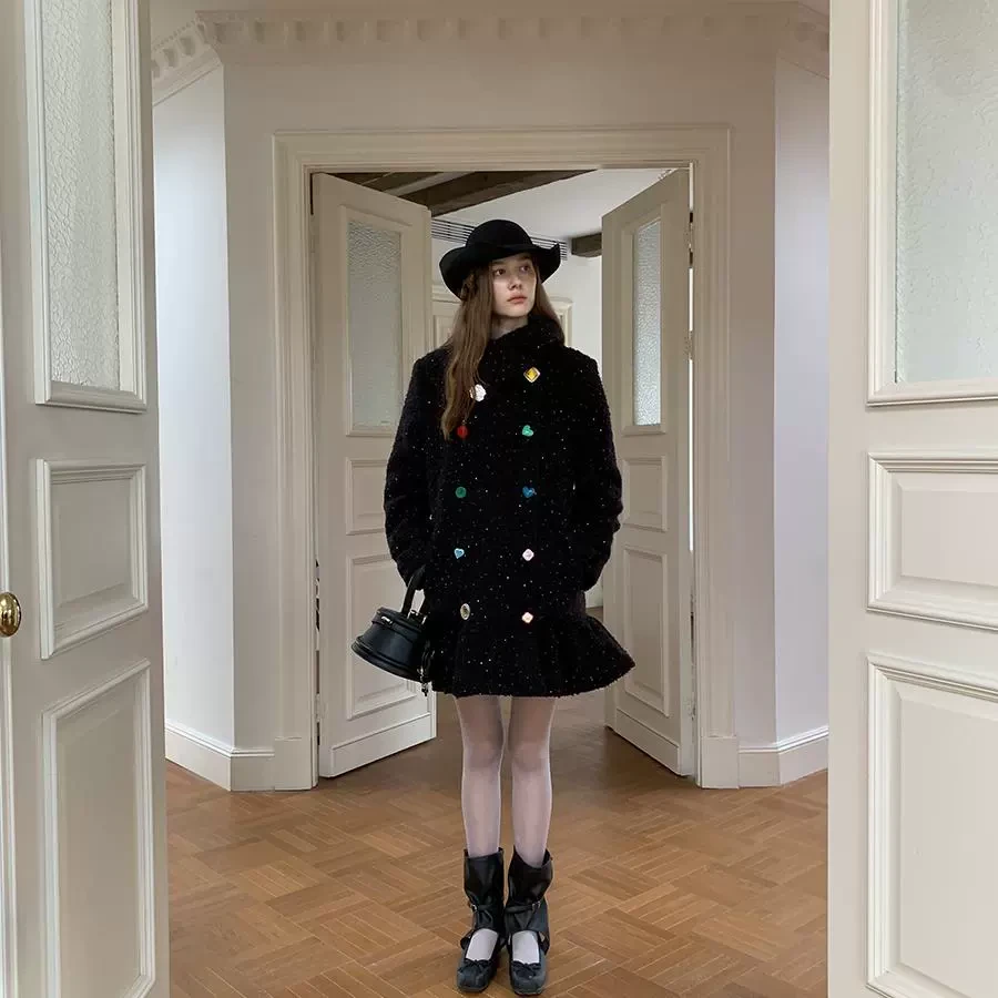 制造后花园*hibernation系列创意彩色扣毛呢外套中长款