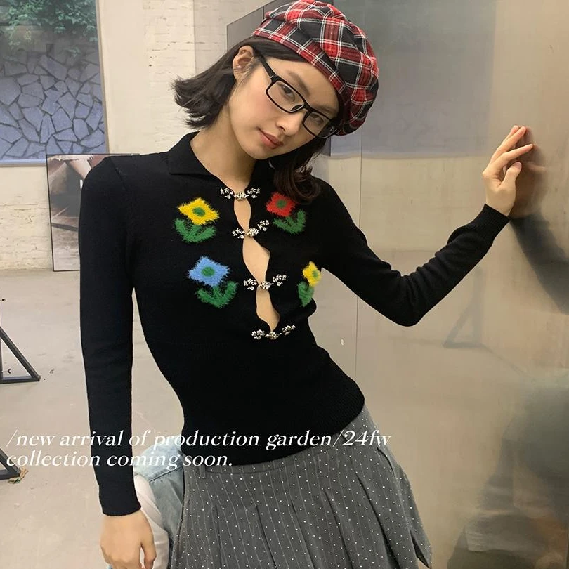 制造后花园*own clockwork系列 绣花长袖针织衫女设计感上衣