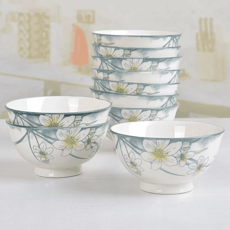 水仙花4.6英寸8个装家用陶瓷碗 实惠装 加厚防烫米饭碗陶瓷汤碗