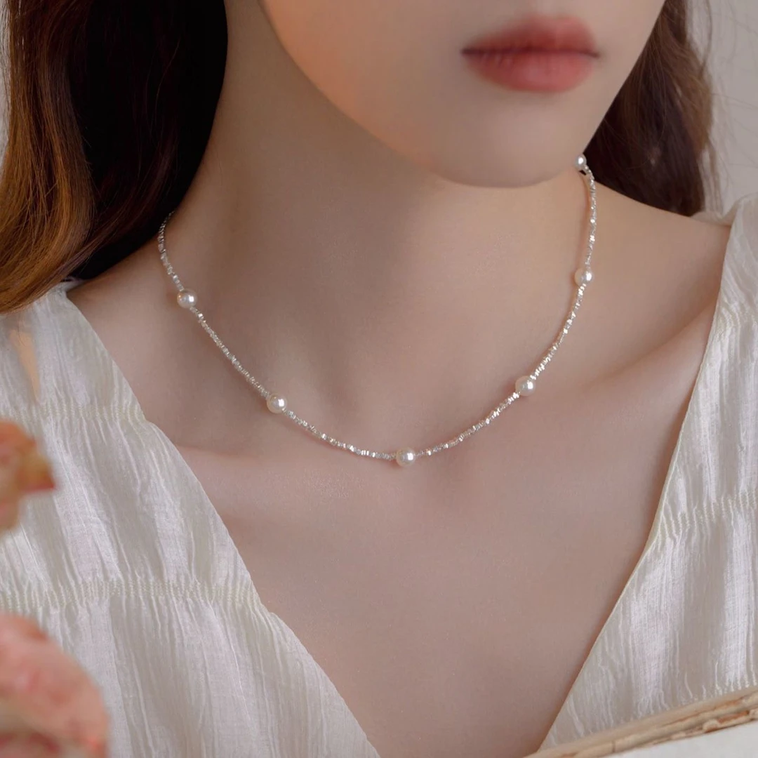 铜合金仿珍珠项链 满天星仿珍珠项链女轻奢小众碎银子锁骨链配饰