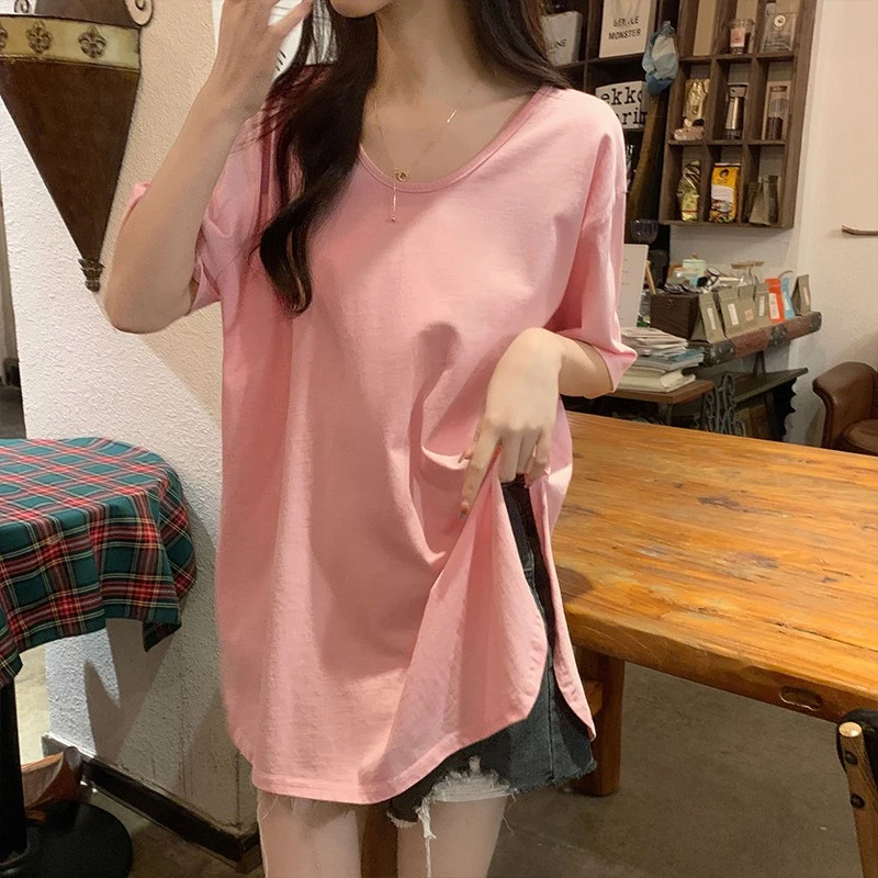 开叉中长款短袖T恤女夏季新款宽松百搭纯色上衣女显瘦遮臀打底衫
