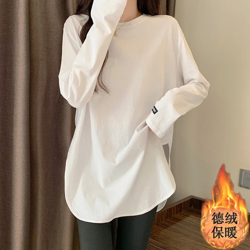 中长款白色加绒打底衫女秋冬内搭德绒长袖t恤女新款开叉遮臀上衣