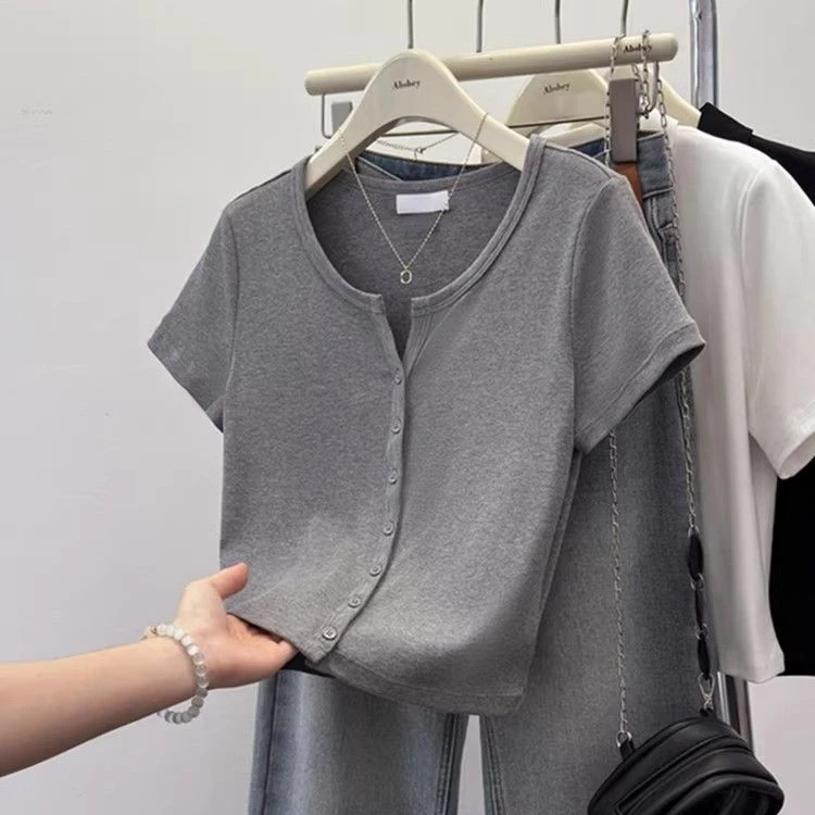 灰色正肩短袖t恤女夏装新款修身v领螺纹法式别致高腰短款纯色上衣
