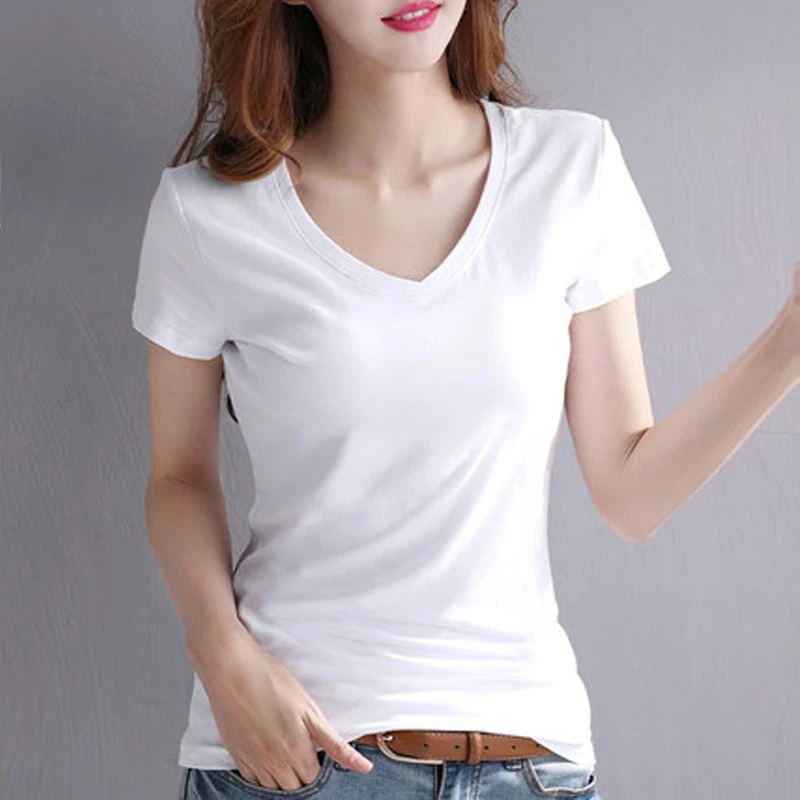 正肩白色t恤女短袖夏季新款简约纯色打底小衫修身百搭V领上衣