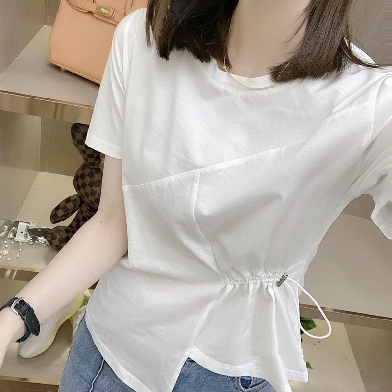 不规则白色短袖t恤女夏季新款纯棉设计感小众正肩显瘦抽绳上衣潮