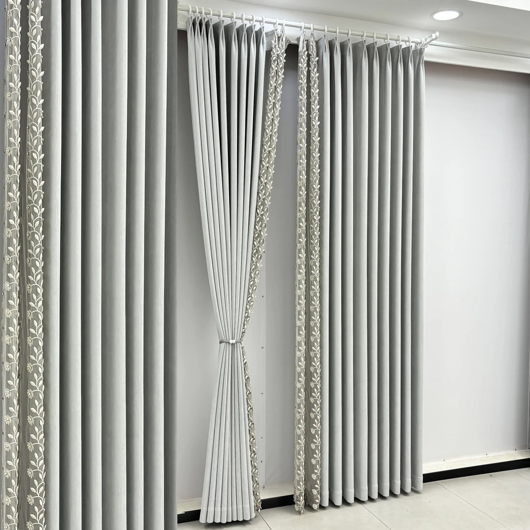 新款书香灰 法式现代浮雕刺绣雪尼尔布帘客卧两用成品遮光窗帘