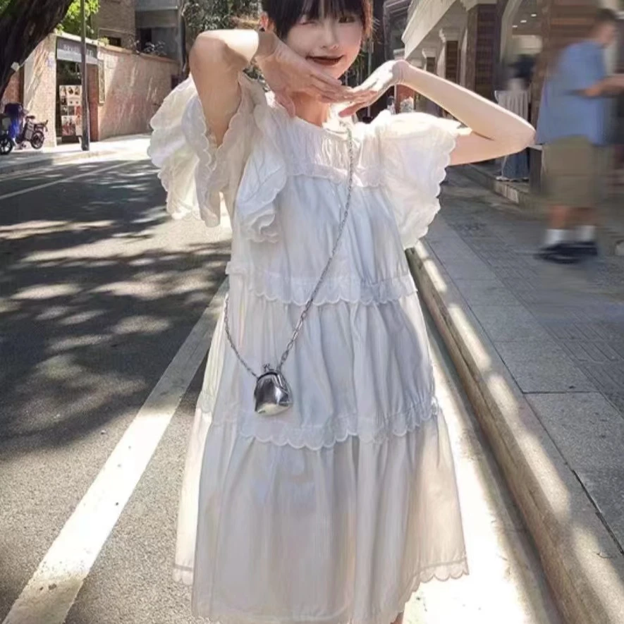 夏季新款韩版显瘦宽松连衣裙花边娃娃裙中长款时尚法式甜美闺蜜款