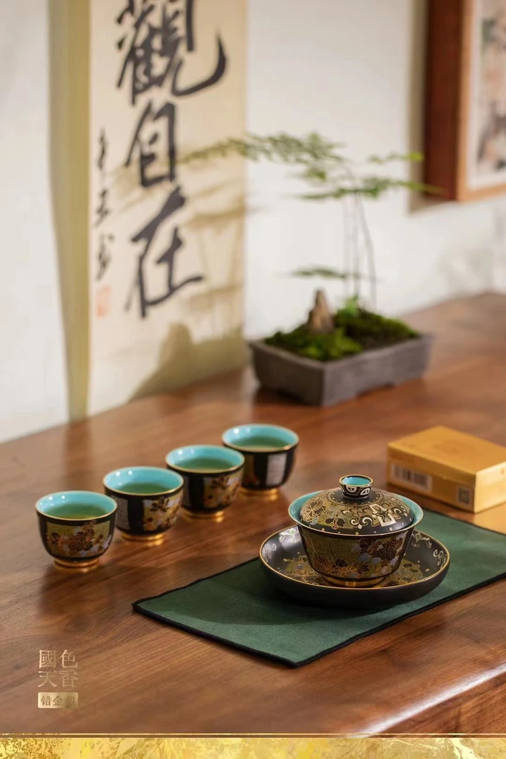 祥裕陶瓷海洲窑高档敦煌唐卡金银错三才盖碗功夫茶具