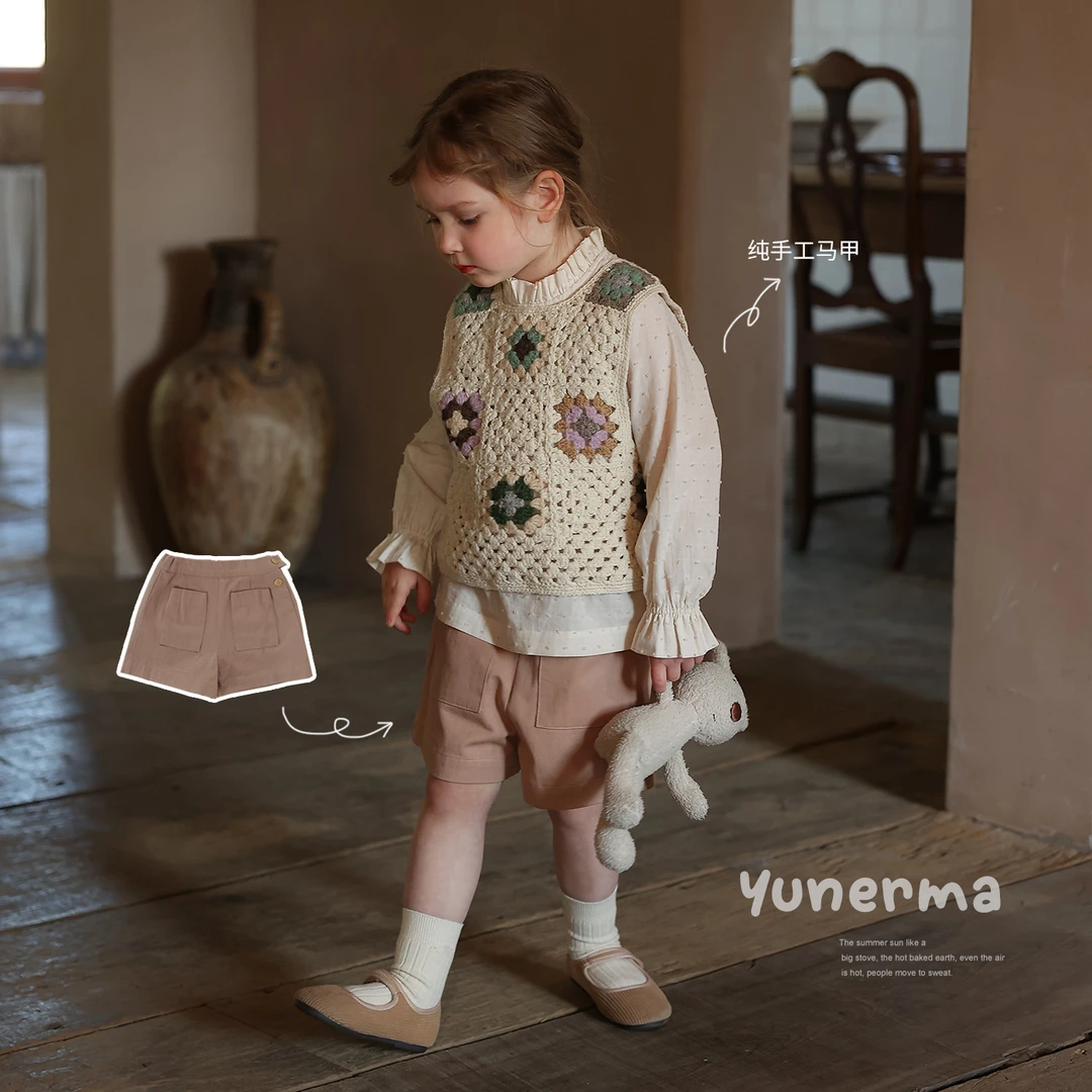 女童复古手钩马甲短裤 允儿妈宝宝幼儿园春秋新款马夹裤子潮