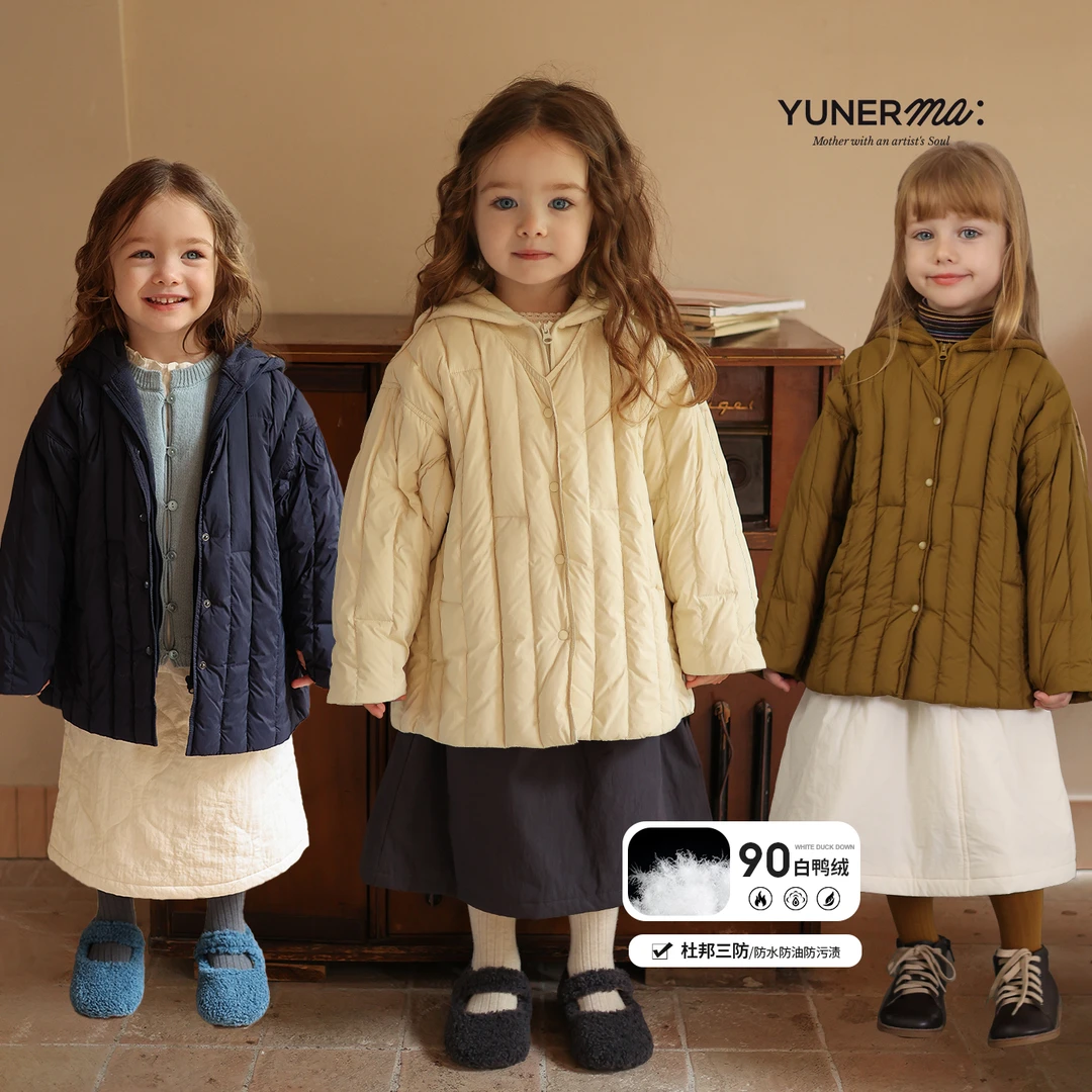 女童冬季杜邦三防90白鸭绒短款羽绒服宝宝洋气假两件连帽轻薄外套