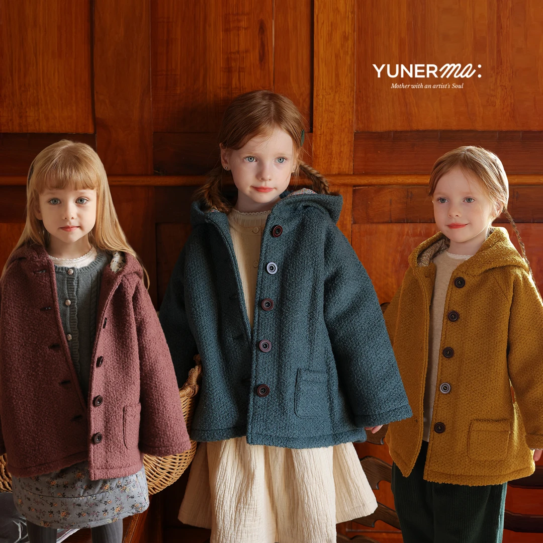 【60%羊毛混纺 小众复古】碎花里衬幼儿园百搭短款连帽外套