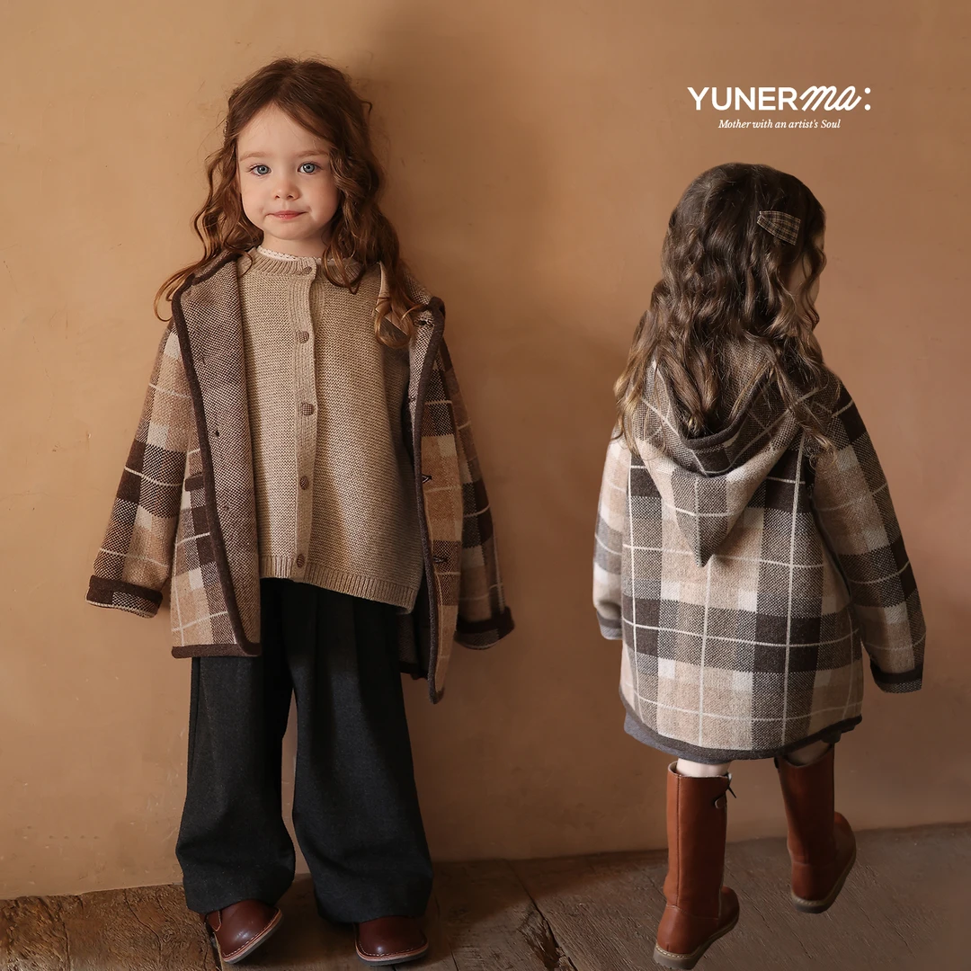 允儿妈女童绵羊毛混纺中长款格子连帽针织外套宝宝秋冬洋气大衣潮