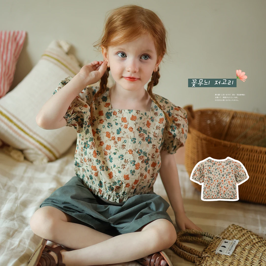 允儿妈女童小众气质碎花泡泡袖娃娃衫宝宝洋气时髦上衣儿童夏装