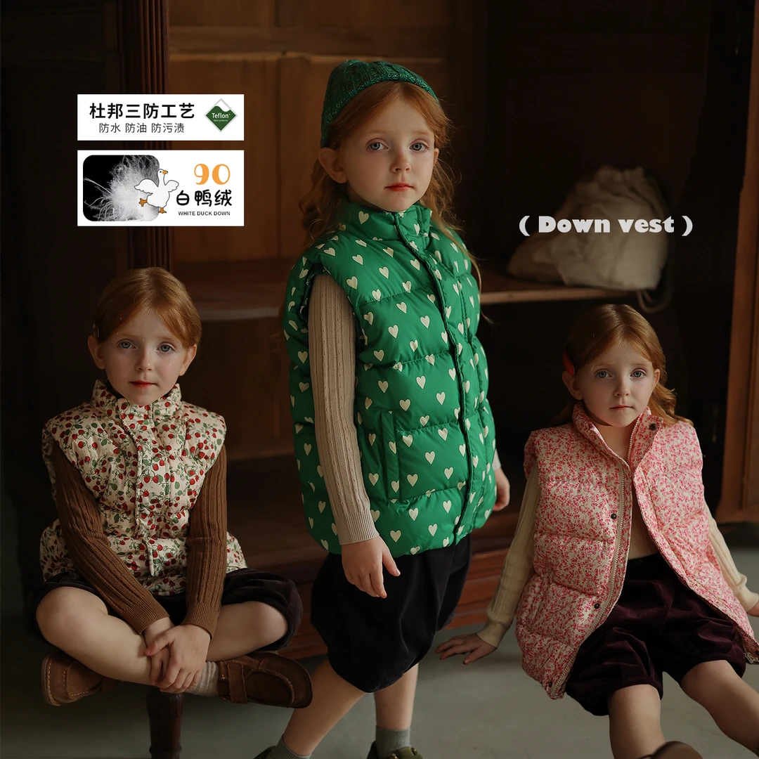 允儿妈女童杜邦三防90白鸭绒羽绒马甲宝宝幼儿园小众复古碎花马夹