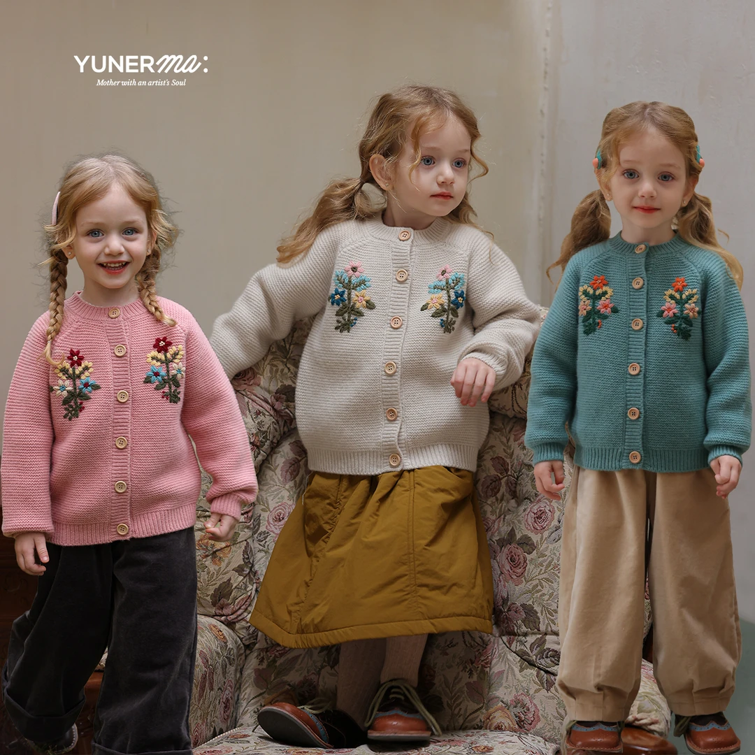 允儿妈冬季新款纯绵羊毛手工钩花针织毛衣开衫女童秋冬洋气外套潮