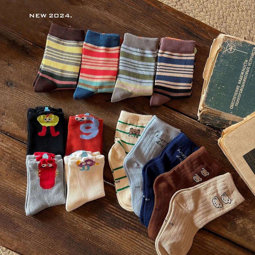 女童2024秋冬新款卡通条纹短袜组合袜宝宝时尚棉袜儿童袜子