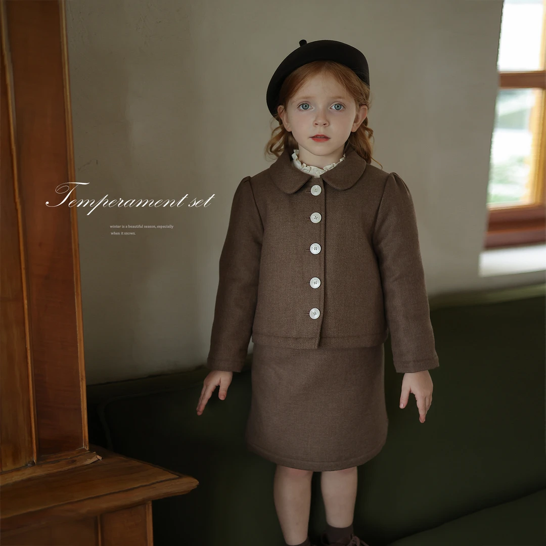 女童羊毛混纺加厚气质外套半裙套装宝宝秋冬上衣半身裙两件套2