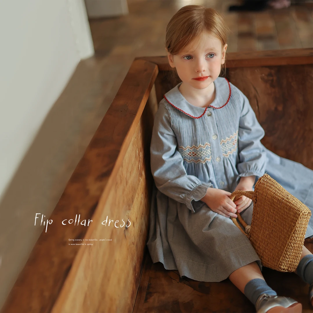 女童小众气质手工打缆格子连衣裙宝宝春季新款公主裙儿童春秋长裙