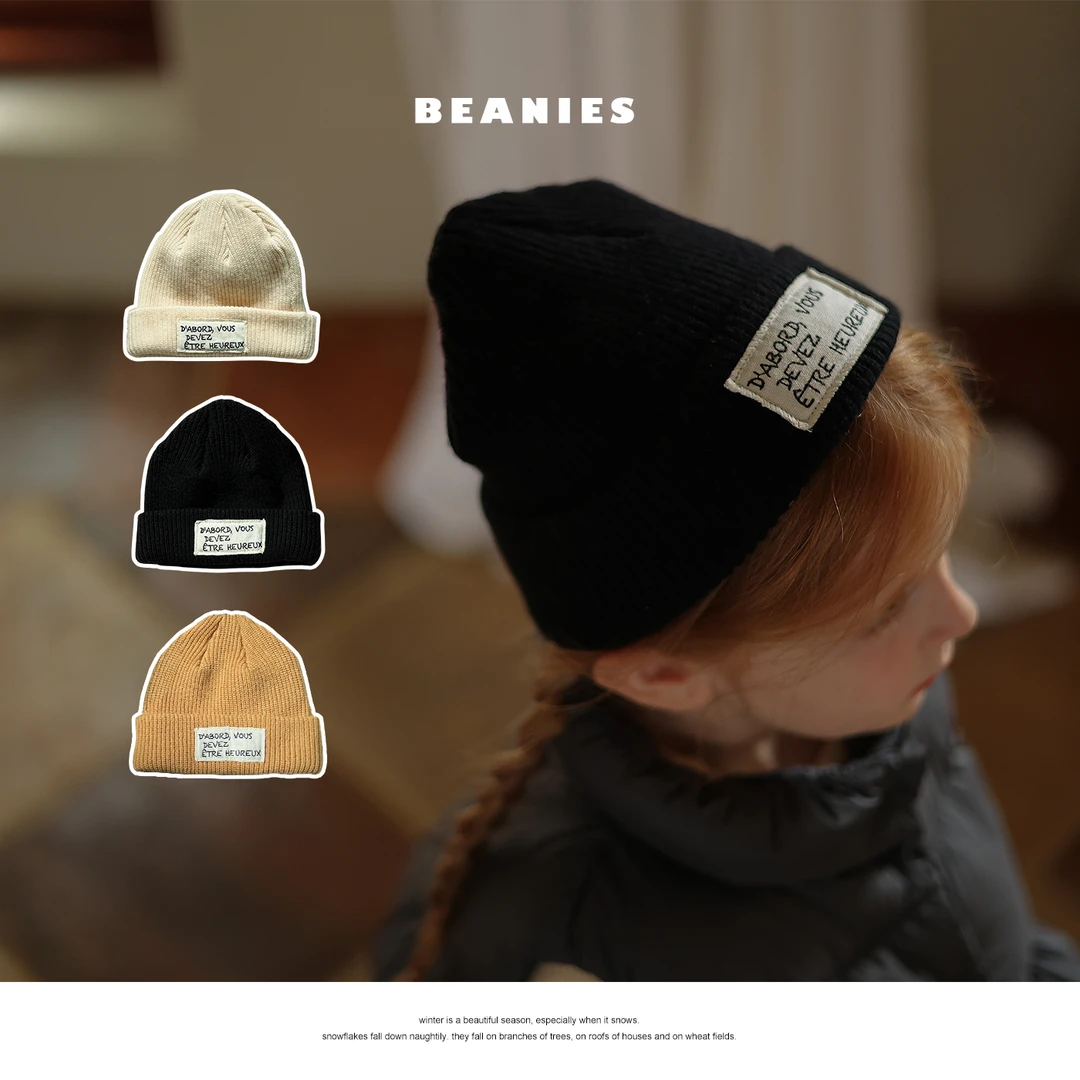 YY【韩系可爱】幼儿园百搭字母贴布毛线帽