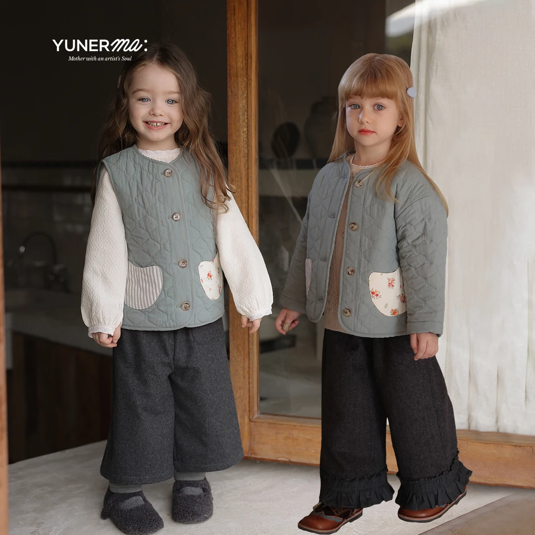 允儿妈女童冬季新款碎花短款加厚棉服幼儿园宝宝洋气棉衣马甲上衣