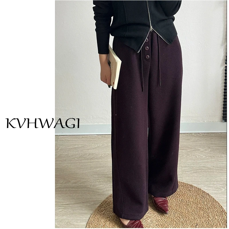 显瘦松紧高腰垂感醋酸阔腿裤女秋冬四粒扣抽绳宽松直筒裤 86116