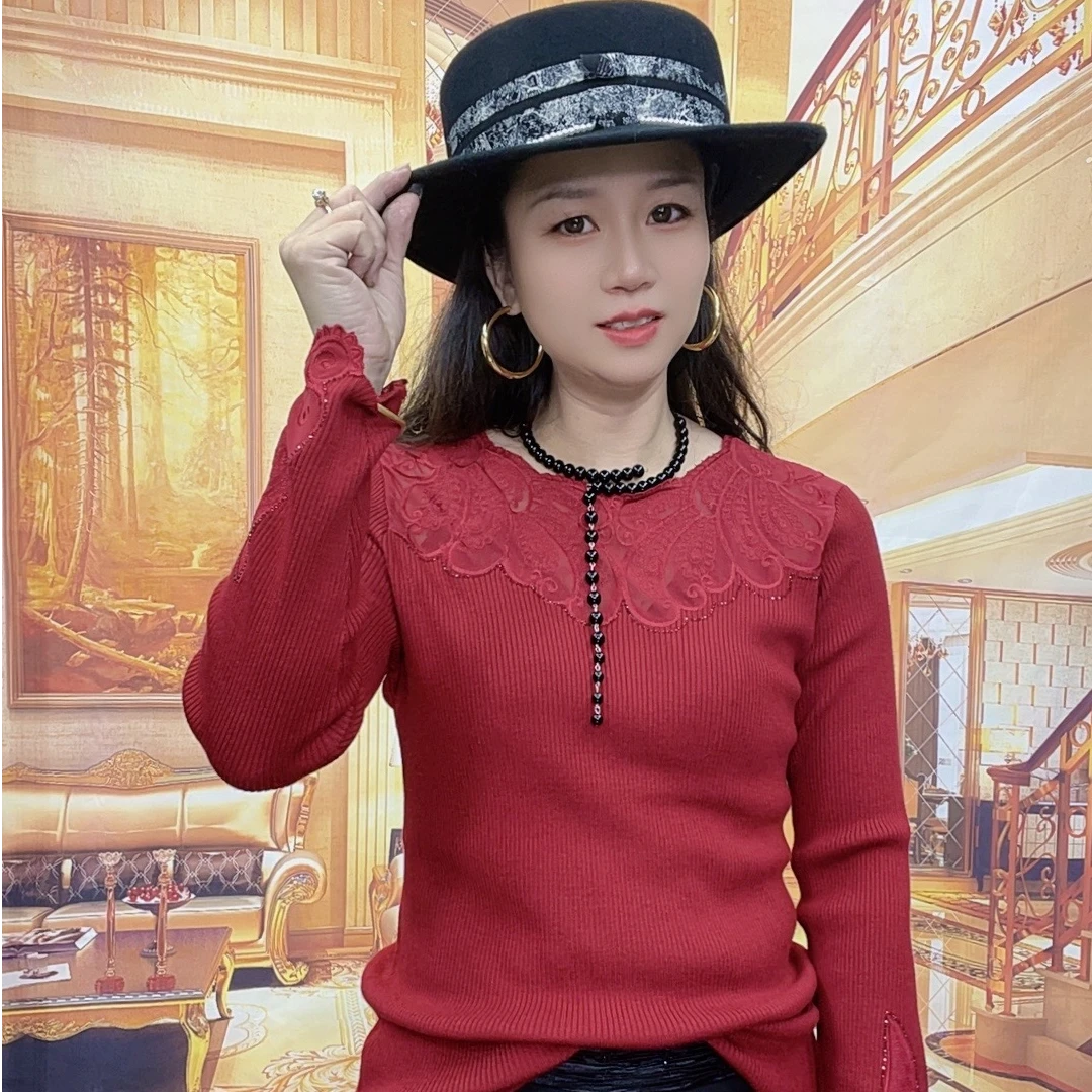 26884韩版显瘦百搭圆领蕾丝低领修身弹力打底针织衫