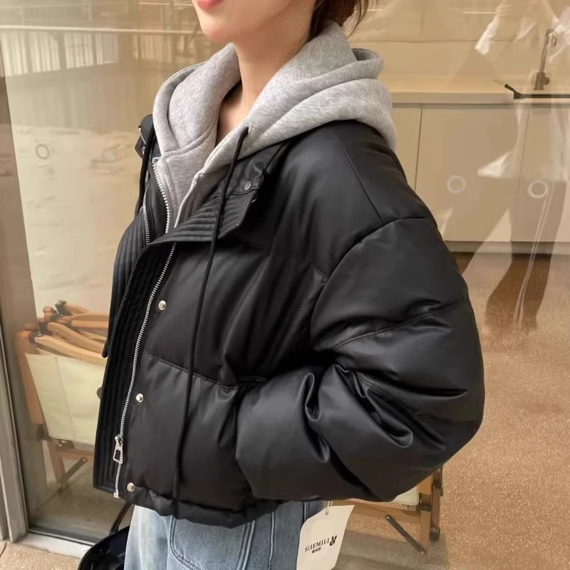 2024冬季新款韩版免洗蛋白皮假两件连帽羽绒服女短款加厚潮