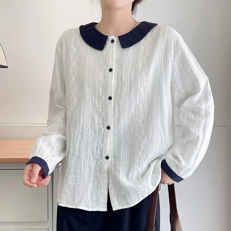 新款气质淑女风撞色娃娃领拼接小衫纯棉满绣重工洋气百搭衬衫上衣