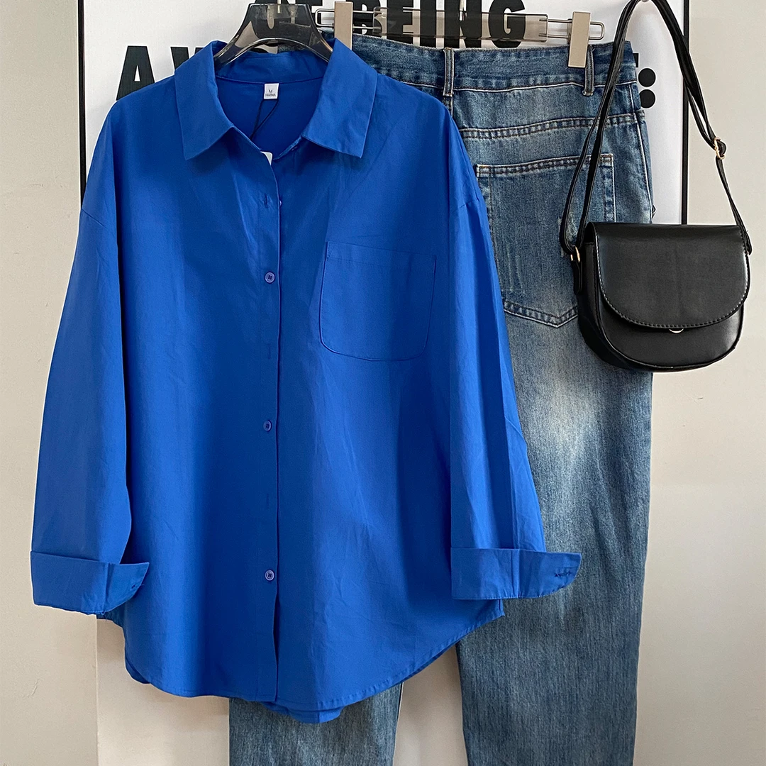 克莱因蓝长袖衬衫女2024新款秋季韩系chic高级感宽松叠穿衬衣上衣