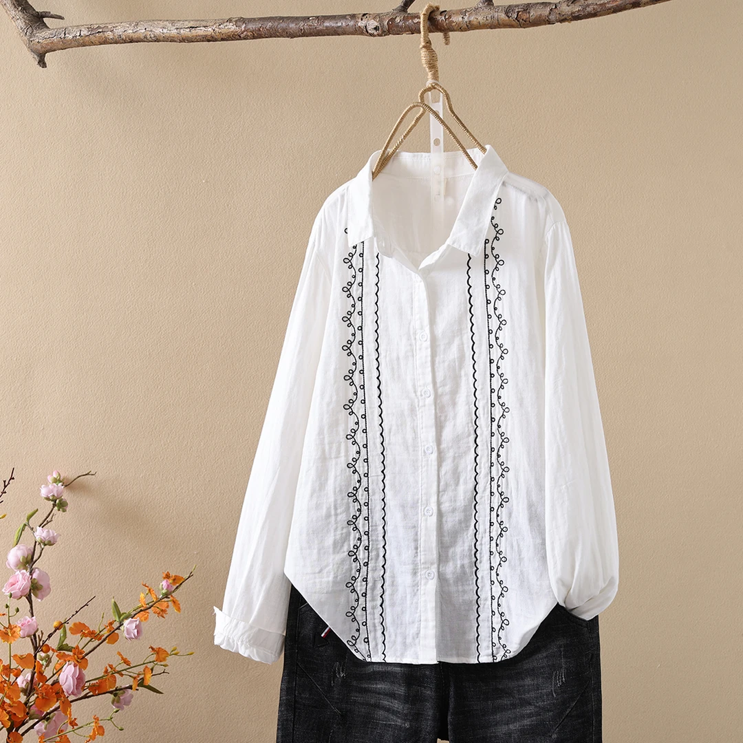 双层纱白衬衫女长袖2024新款刺绣花别致漂亮上衣宽松法式纯棉衬衣