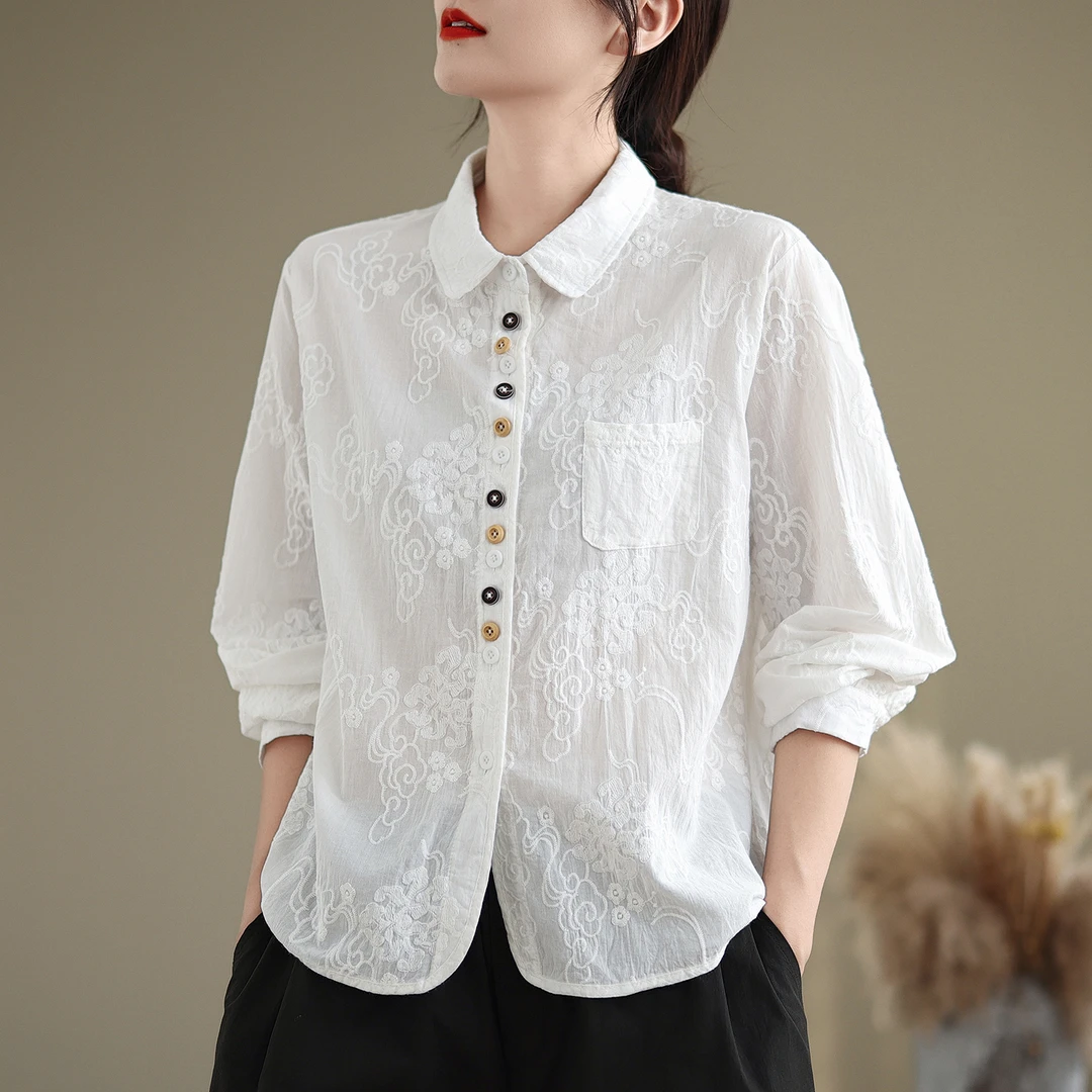 春秋新款设计感小众翻领通勤上衣女百搭气质法式气质白色纯棉衬衫