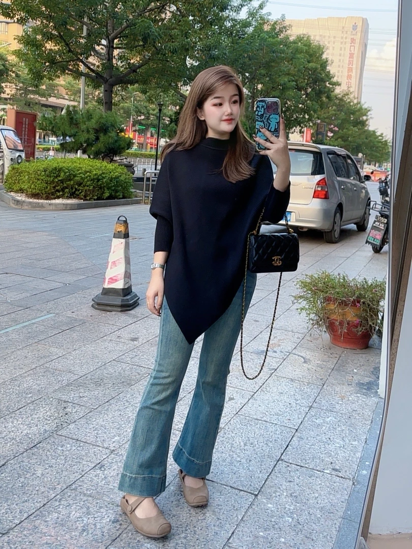 大顾家【小个子改版】显瘦遮肉蝙蝠袖不规则毛衣