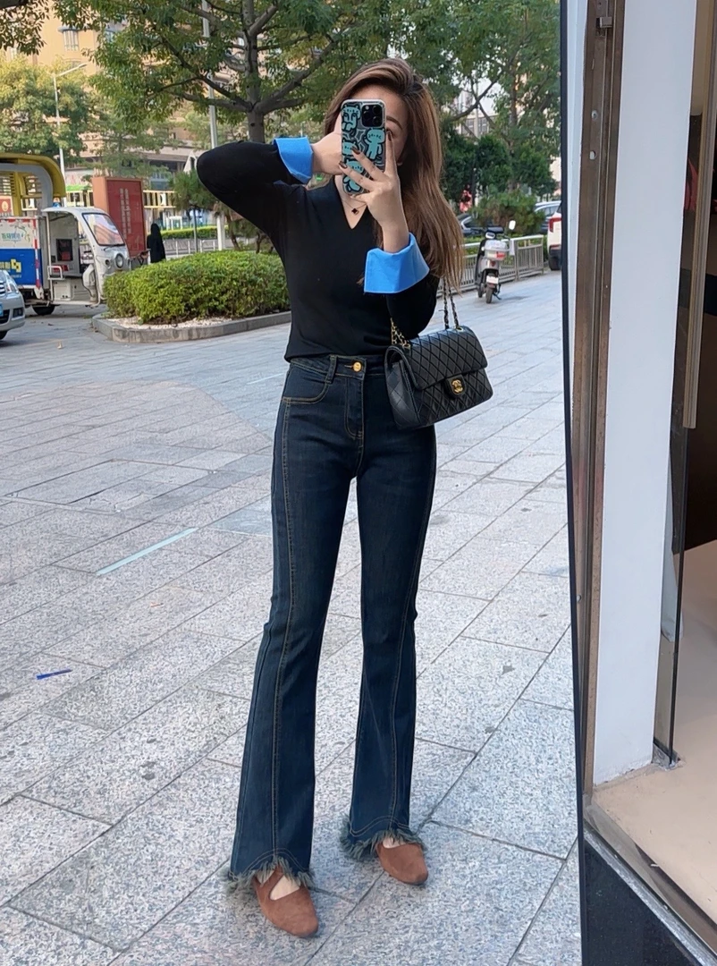 大顾家【毛边裤脚】秋冬新款水泥灰弹力显腿长微喇裤小个子