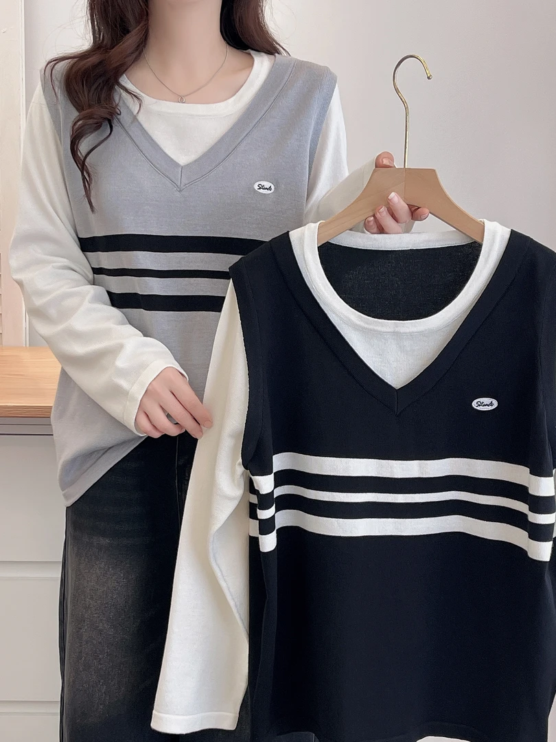 大码2024新款胖mm学院风上衣时尚假两件V领显瘦针织衫#9001