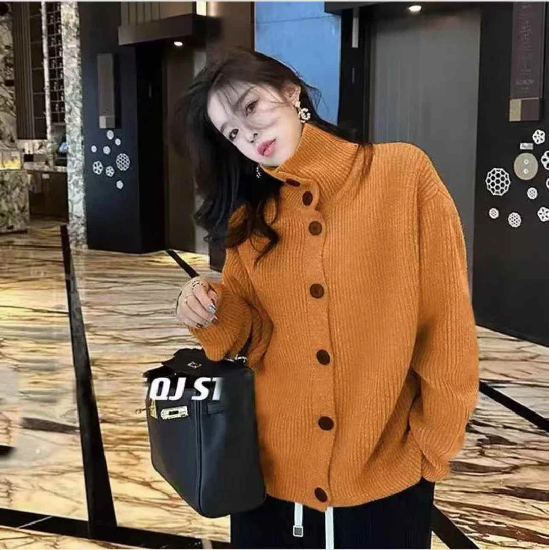 美式重磅高领针织开衫女秋冬新单排扣宽松慵懒毛衣外套#1010（3）