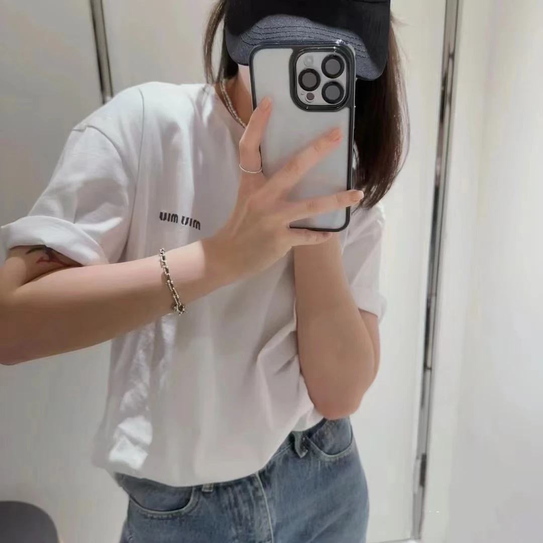 MIUMIU蓝色刺绣logo白色短袖/正品保障/假一赔四