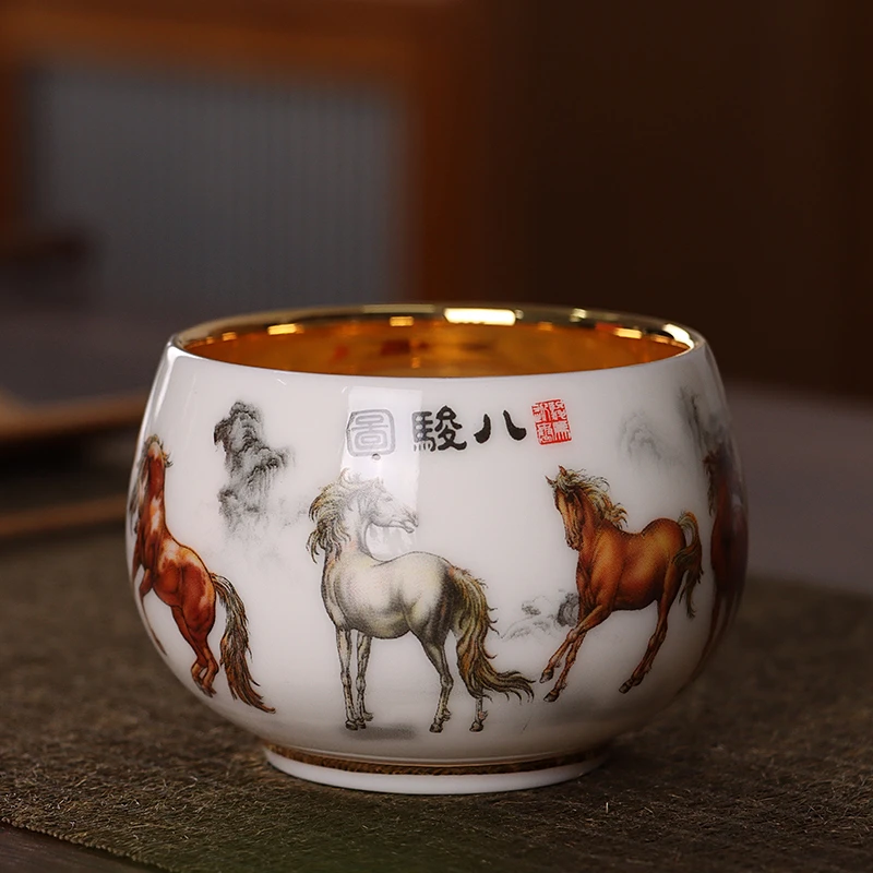 八骏图金杯手工鎏金主人杯单杯陶瓷功夫茶具围炉煮茶器具茶具