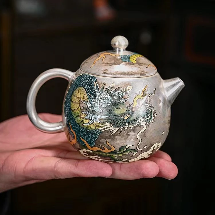 银壶青龙999银泡茶壶单壶周鸿杰师傅手作鎏银茶器家用龙蛋壶茶具