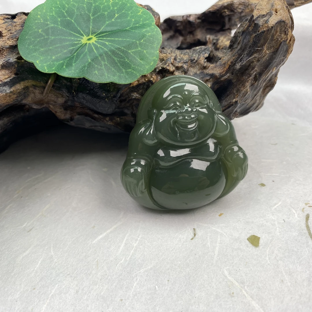 天然和田玉湖水绿大佛公颈饰双面手工雕刻 眉眼带笑弯弯 端庄大气