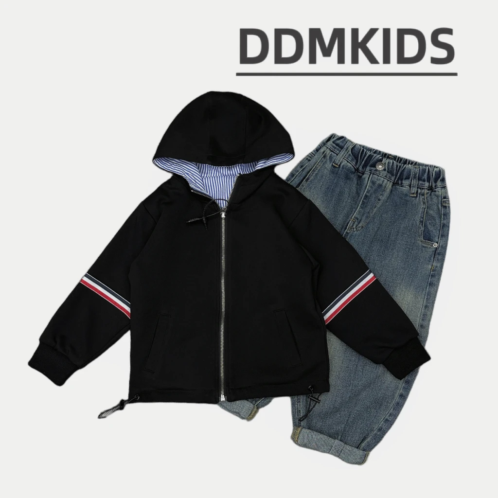 【两面穿】经典黑色蓝白条外套秋冬季男女儿童休闲帅气连帽上衣