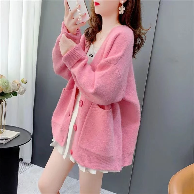 大码温柔风冬季针织开衫女春秋装新款宽松慵懒风毛衣外套百搭潮
