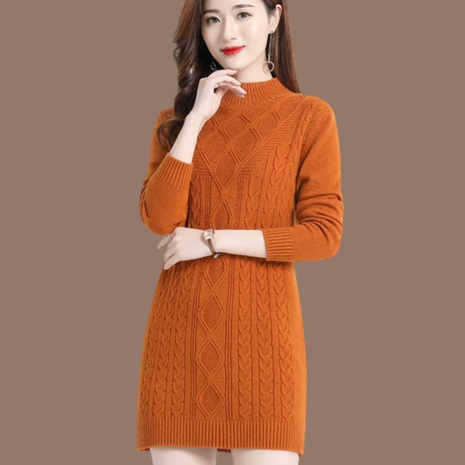 中长款大码套头毛衣女半高领秋冬装新款打底针织衫百搭宽松毛衣裙