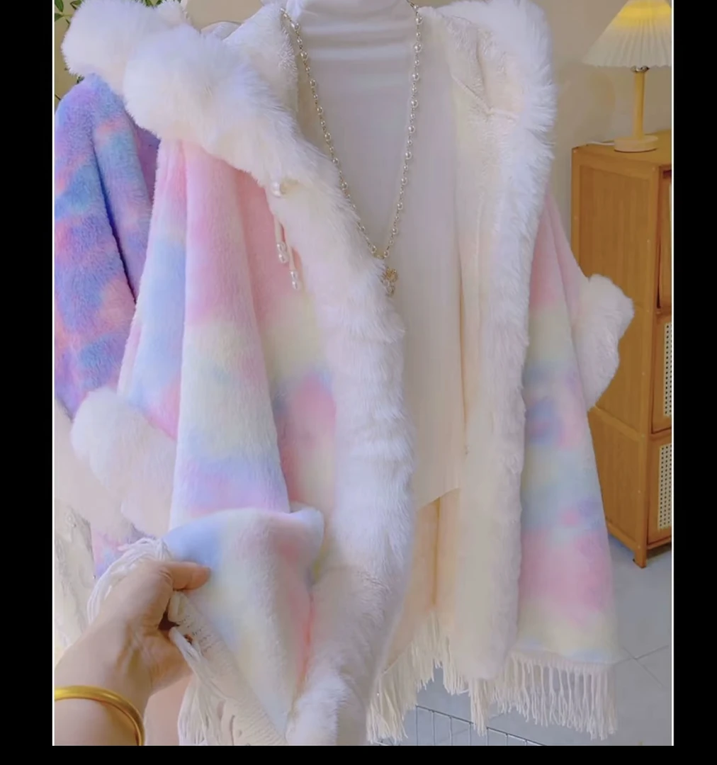 研扎染炫彩仿毛领流苏披肩加绒加厚国风斗篷洋气连帽外套女