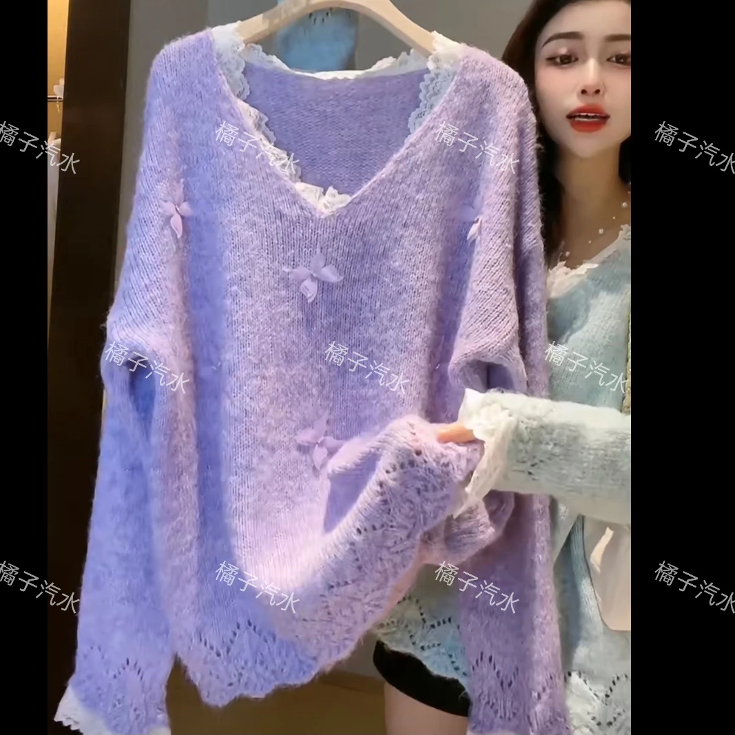 紫色绝美立体灵动蝴蝶蕾丝拼接针织毛衣女秋冬新款宽松减龄上衣潮