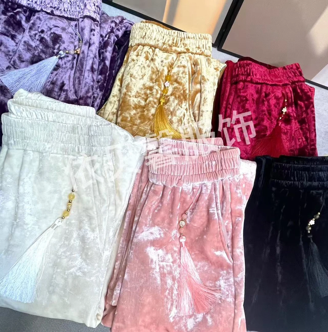 {流苏525克}2024冬季新款松紧高腰丝绒休闲直筒显瘦百搭阔腿裤女