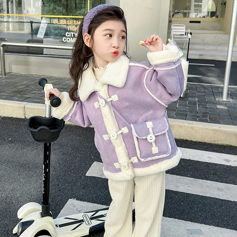 女童加绒加厚外套秋冬装儿童皮毛一体大衣小女孩宝宝上衣2024新款