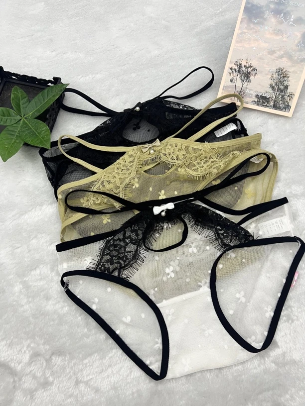 低腰性感无痕内裤女士纯欲性感蕾丝薄款法式少女诱惑镂空三角裤白