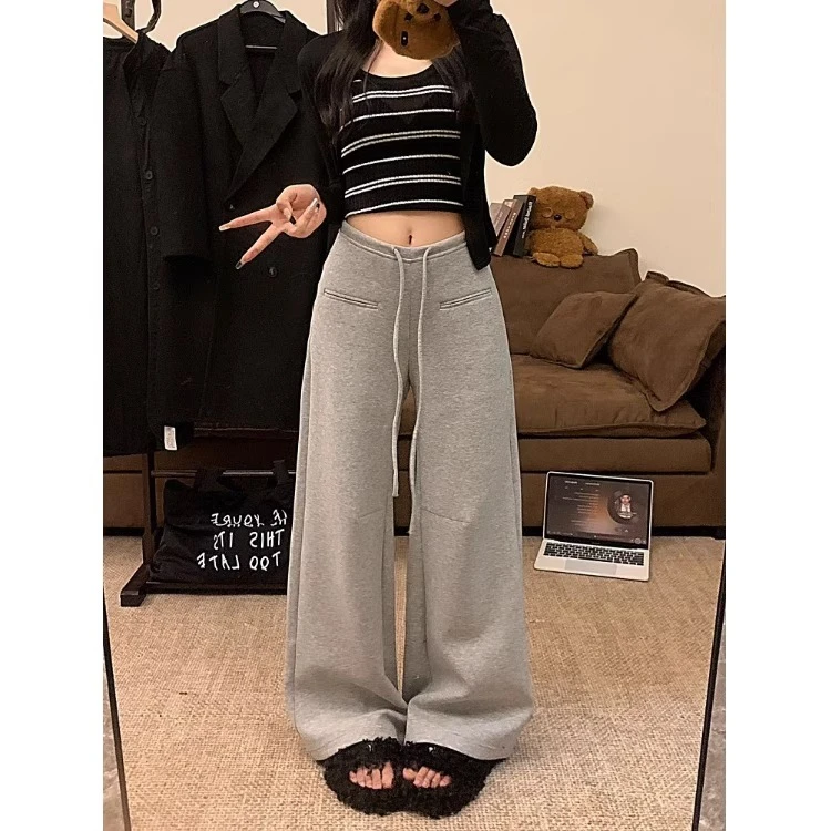 （现货）灰色运动休闲裤阔腿裤女春秋高腰垂感直筒裤裤子长裤拖地裤